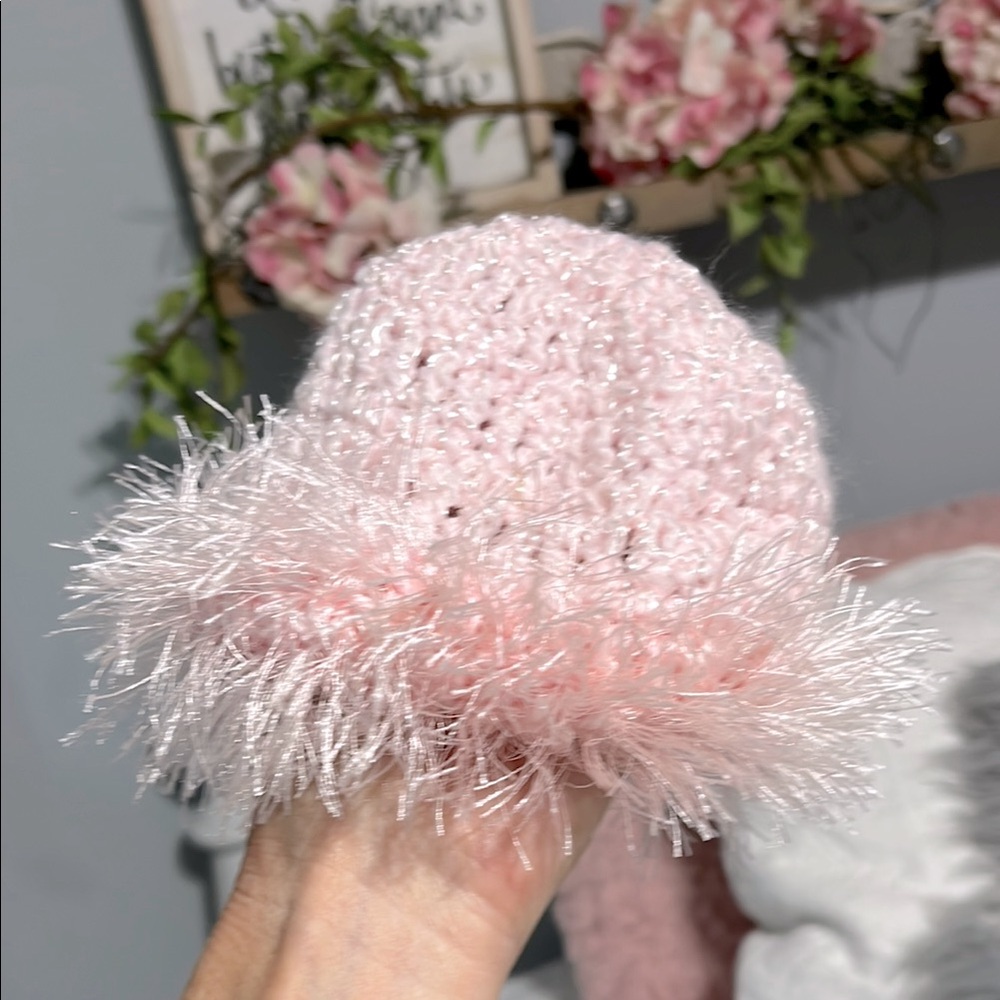 Pink Baby Crochet Hat with Fluffy Boa Trim